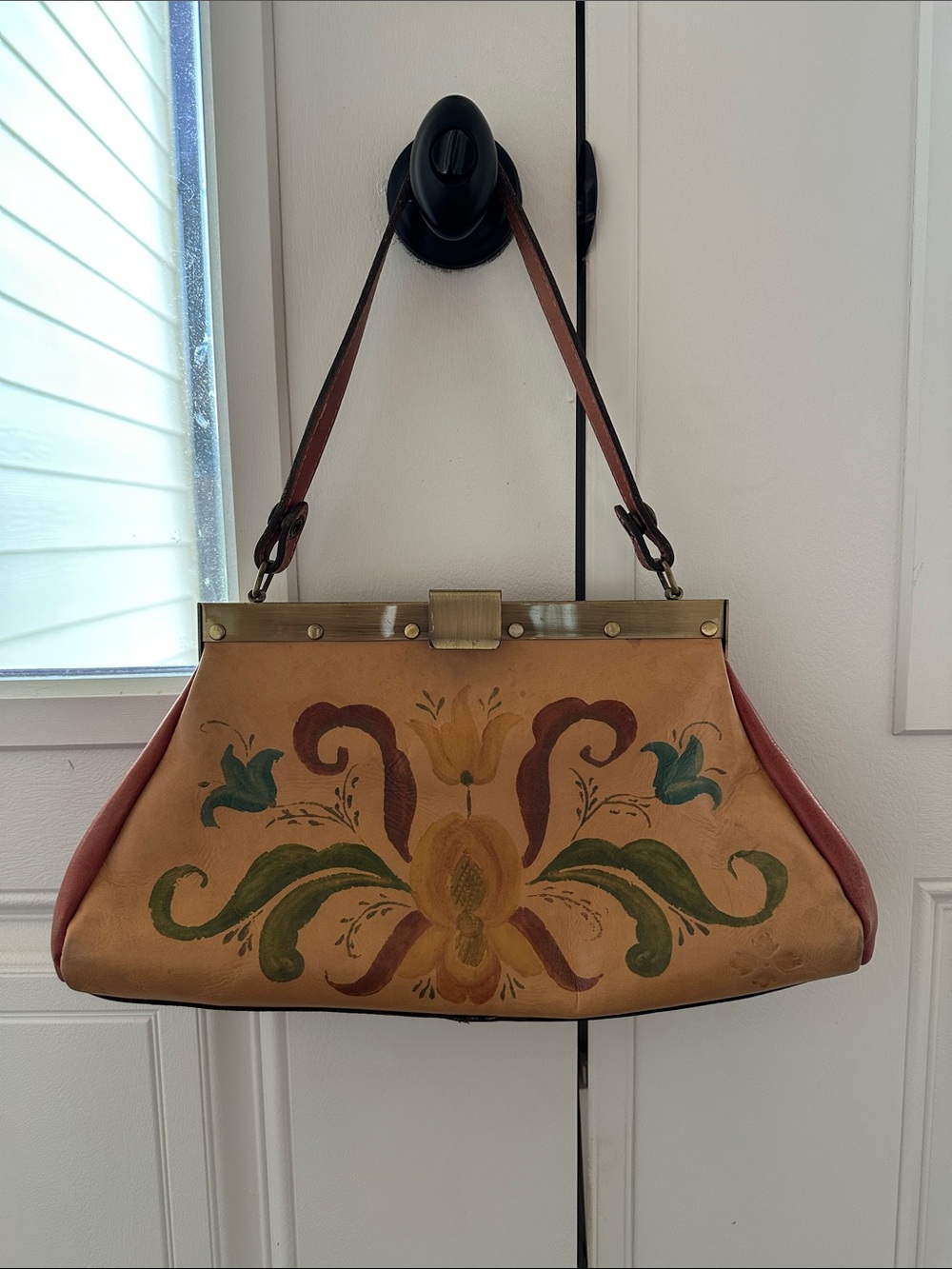 Patricia Nash Hand-Painted Floral Leather Shoulder Bag in Tan and Red